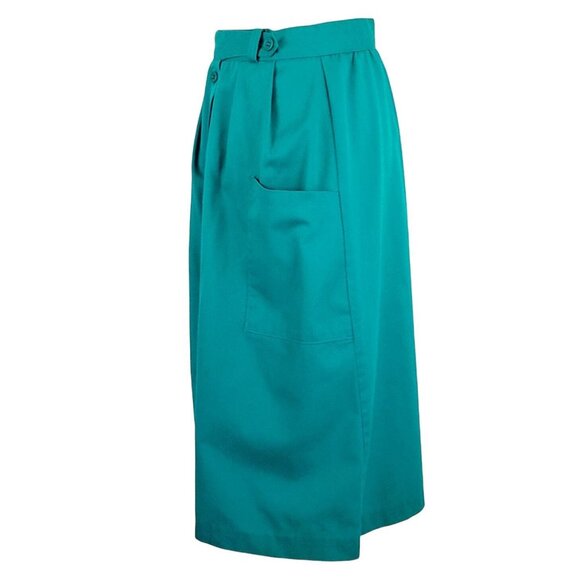 Vintage 1970s Teal A-Line Midi Skirt Button Front Large Pockets USA Made - Picture 3 of 11